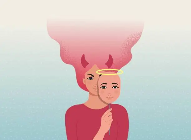 Vector illustration of Evil devil woman is covering her face with a good angel mask.