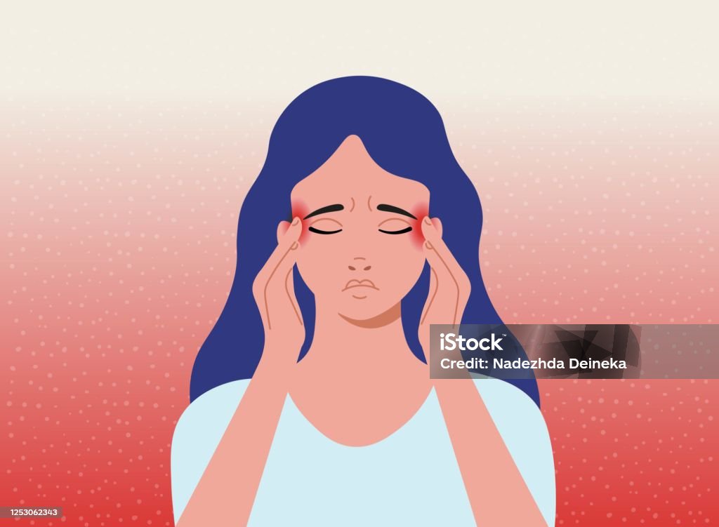 Headache. The woman having headache, migraine. Cartoon vector illustration. Headache stock vector