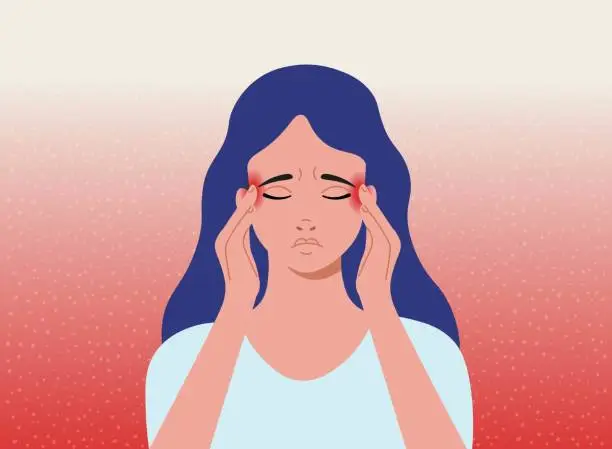 Vector illustration of Headache. The woman having headache, migraine. Cartoon vector illustration.