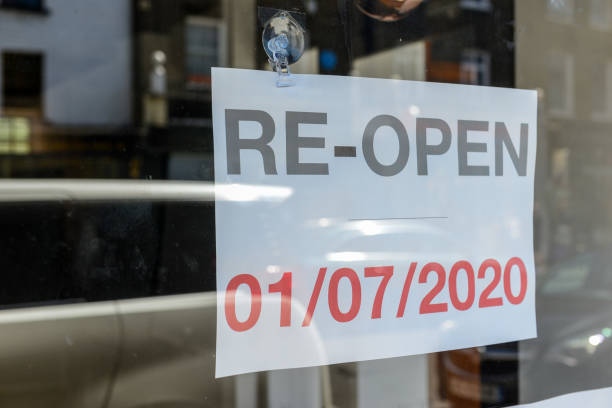 istock Re-Open sign on shop window with date 01/07/2020 1253064391