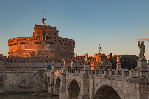 Rome, Italy - March 08, 2020: View of Mausoleum of Hadrian, usually known as Castel Sant'Angelo (Castle of the Holy Angel), a towering cylindrical building in Parco Adriano, Rome, Italy, commissioned by the Roman Emperor Hadrian.