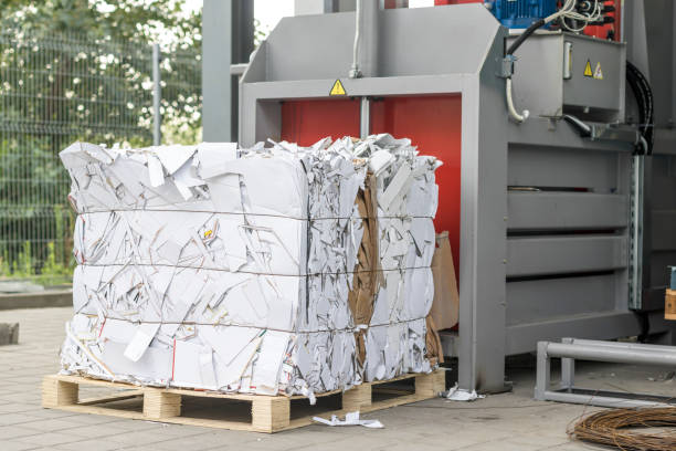 istock Paper and cardboard being compacted. Bales for recycling 1253067104