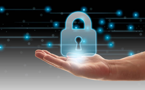 istock Data protection privacy concept. Cyber security network. Business man protecting his data personal information. Padlock icon and internet technology networking connection. 1253067116