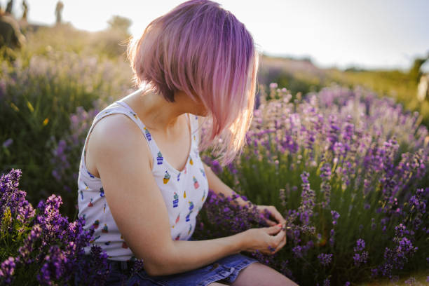 This summer is in the color of lavender Beautiful young woman with purple hair picking lavender flowers in lavender field purple hair stock pictures, royalty-free photos & images