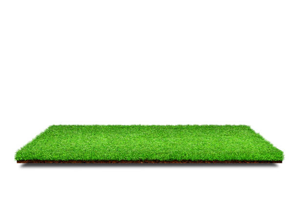 istock Square artificial green grass covered brown soil ground isolated on white background. 1253067553