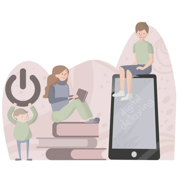 istock Happy people doing a digital detox, concept for digitall detoxing, home rest. Calm people rest. Vector illustration. 1253068577