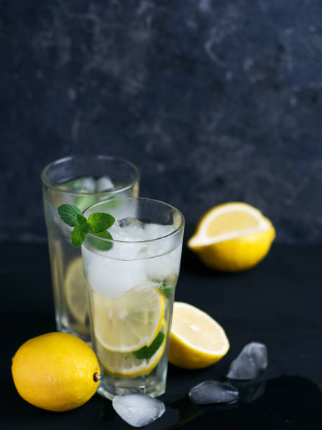 istock Two glasses of refreshing summer lemon mint lemonade with ice on the black table 1253068797