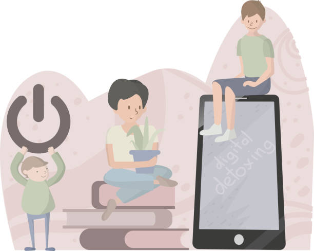 istock Happy people doing a digital detox, concept for digitall detoxing, home rest. Calm people rest. Vector illustration. 1253069016