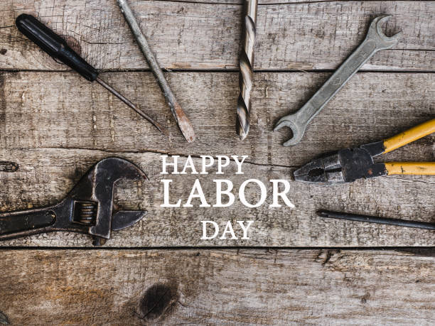 labor day. hand tools lying on the table - work tool rusty old wrench imagens e fotografias de stock