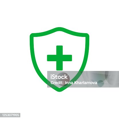 istock Medical cross shield icon vector flat design 1253071905