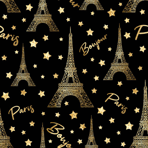 illustrazioni stock, clip art, cartoni animati e icone di tendenza di modello senza cuciture bonjour paris con stelle glitter doo e torre eiffel. simbolo francia su sfondo nero - textured gold backgrounds architecture and buildings