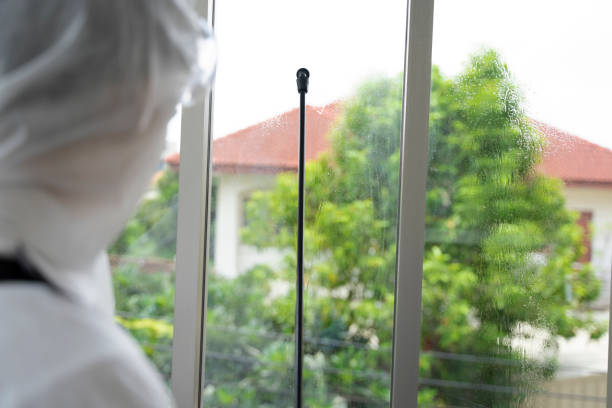 istock Staff spray germicide at the building. 1253072814