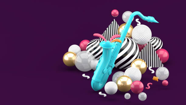istock Blue saxophone surrounded by golden balls on a purple background.-3d render. 1253073001