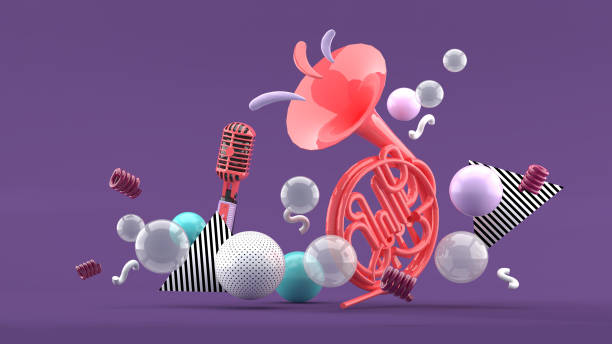instrumentos musicais cor-de-rosa em meio a bolas coloridas no fundo azul e roxo.-3d render. - trumpet musical instrument isolated jazz - fotografias e filmes do acervo