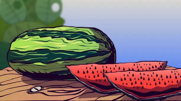 Vector illustration of Watermelon and watermelon slices lying on a wooden table.