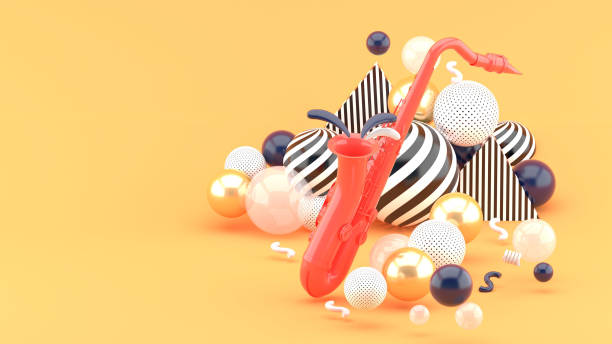 istock Pink saxophone surrounded by golden balls on an orange background.-3d render. 1253073306