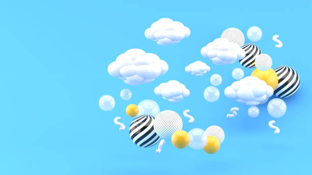 istock Clouds floating among colorful balls on a blue background. -3d render.
