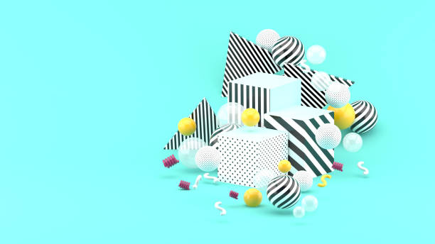 istock Graphic box stand surrounded by colorful balls on a blue background.-3d render. 1253073405