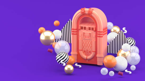 pink jukebox among colorful balls on a purple background.-3d render."n - filmando com guindaste imagens e fotografias de stock