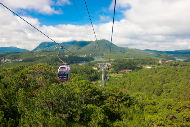 istock Cable car with landscape green forest and mountain and blue sky with white cloud background. at Dalat Vietnam. Travel concept. 1253073604