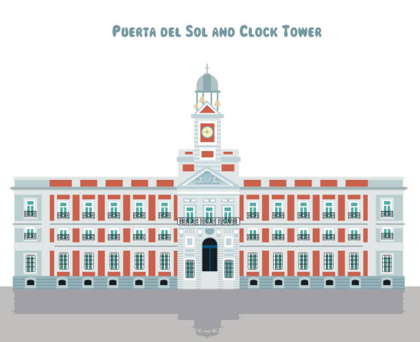 puerta del sol und uhrenturm - turmuhr stock-grafiken, -clipart, -cartoons und -symbole