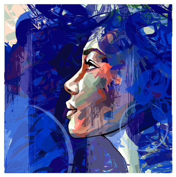 illustrations, cliparts, dessins animés et icônes de beau jeune modèle en bleu avec des boucles d’oreilles - women illustration and painting sensuality color image