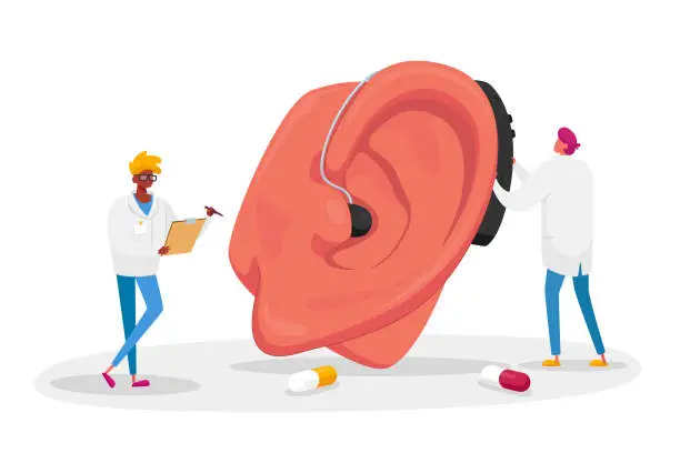 Vector illustration of Couple of Male Doctors Characters Fitting Deaf Aid on Huge Patient Ear. Hearing Loss Medical Health Problem, Otolaryngology Medicine, Deafness Disease Concept. Cartoon People Vector Illustration