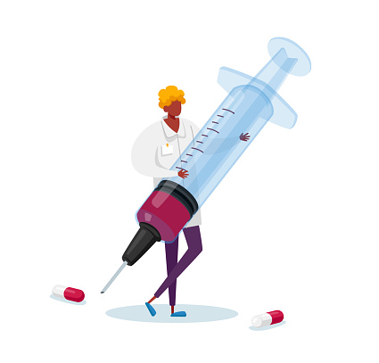Tiny Male Doctor Character in Medical Robe Holding Huge Syringe with Medicine for Hepatitis Vaccination, Liver Treatment in Clinic or Hospital, Healthcare, Medicine Care. Cartoon Vector Illustration