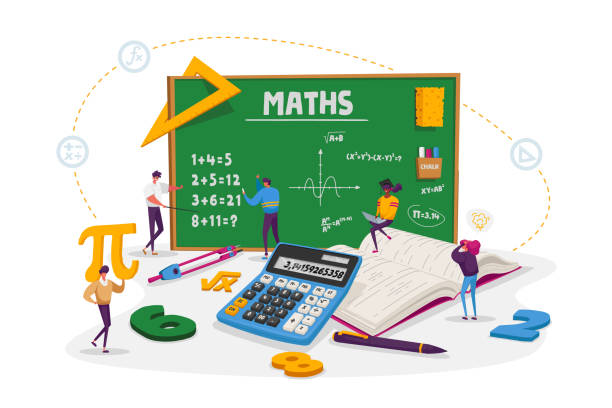 illustrazioni stock, clip art, cartoni animati e icone di tendenza di concetto di scienze matematiche. piccoli studenti maschi e femmine personaggi in laboratorio o classe scolastica apprendimento matematica presso enorme lavagna. persone che ottengono formazione e formula di scrittura. illustrazione vettoriale cartone anima - teacher professor science university