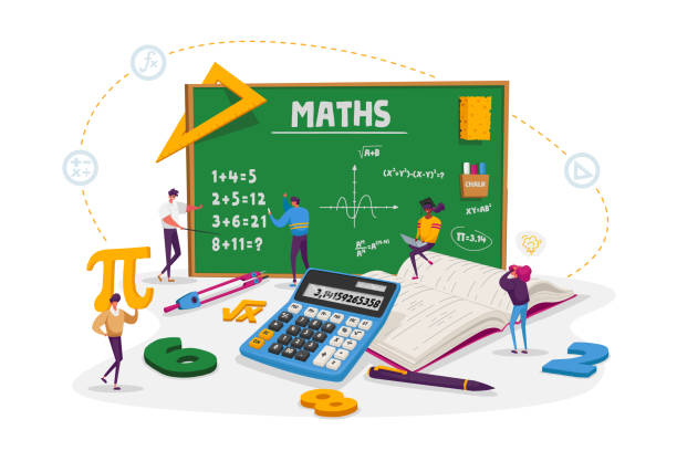 matematik bilimi kavramı. büyük blackboard de lab veya okul sınıf öğrenme matematik tiny erkek ve kız öğrenciler karakterler. i̇nsanlar eğitim ve yazma formülü kazanıyor. karikatür vektör i̇llüstrasyon - matematik illüstrasyonlar stock illustrations