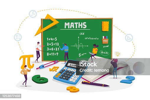 istock Math Science Concept. Tiny Male and Female Students Characters in Lab or School Class Learning Mathematics at Huge Blackboard. People Gaining Education and Writing Formula. Cartoon Vector Illustration 1253077450