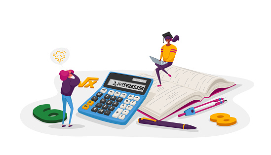 Education, Knowledge and Mathematics Science Concept. Tiny Female Character with Learning Stationery College or University Students in Bachelor Cap with Calculator. Cartoon People Vector Illustration
