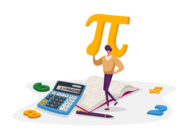 illustrazioni stock, clip art, cartoni animati e icone di tendenza di mathematics science and algebra concept. piccolo studente personaggio maschile che porta enorme segno pi con cifre, libro di testo, simbolo della radice della formula. università e alta scuola. illustrazione vettoriale cartone animato - high schooler