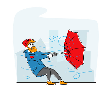 Man in Warm Clothes Holding Broken Umbrella Protecting from Hurricane. Male Character Fighting with Thunderstorm, Windy Cold Autumn Weather, Extremely Strong Blowing Wind. Linear Vector Illustration