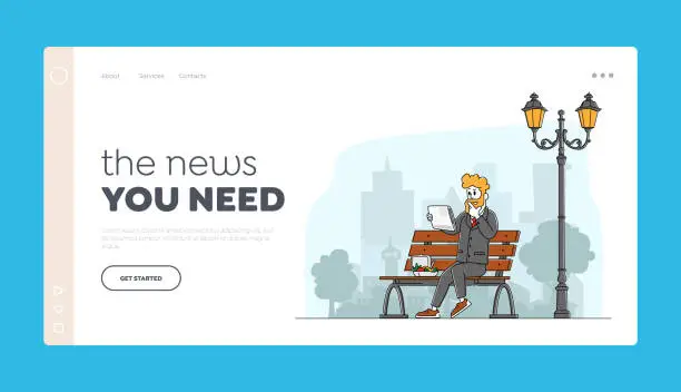 Vector illustration of Press Social Media Information Landing Page Template. Businessman Reading Newspaper Sitting on City Street with Lunch Box. Male Character Read Publication on Coffee Break. Linear Vector Illustration