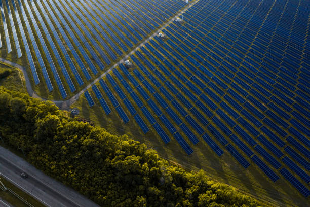 istock Aerial top view of a solar panels power plant 1253077607