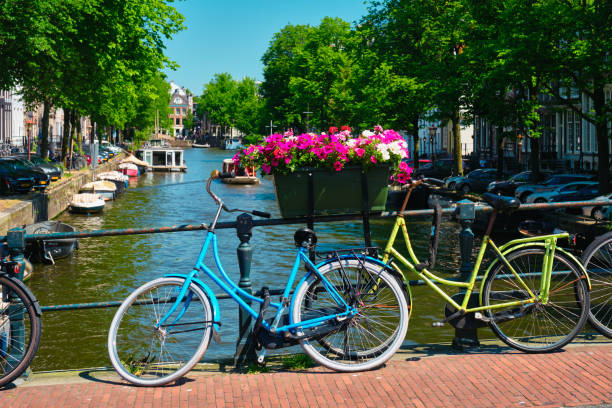istock Amsterdam canal with boats and bicycles on a bridge 1253077874