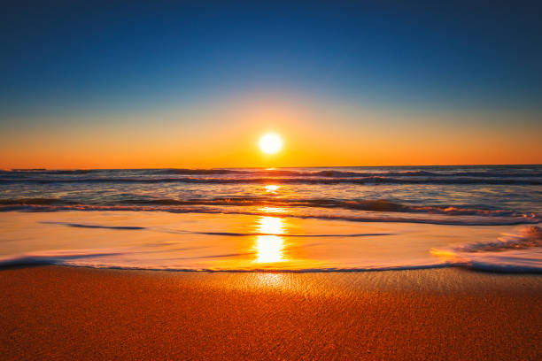 istock Beach sunrise or sunset with clear blue sky and rising sun 1253078807