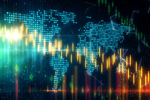 istock Business trading concept with digital screen with forex graphs and pixel world map. 1253081504