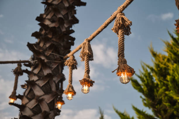 istock Decorative garden lighting design made with bulbs and thick rope 1253084848