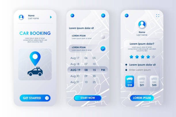 Car booking unique neomorphic design kit Car booking unique neomorphic design kit for app. Car sharing service UI, UX template set. Online rent car screens with prices, calendar planner and rating. GUI for responsive mobile application. mobility as a service stock illustrations