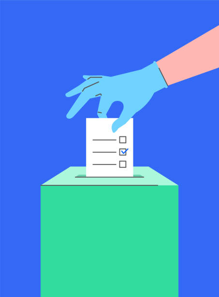 Hand of voter in medical glove puts ballot paper into box Voting during the coronavirus pandemic. Human hand in protective medical glove puts ballot into a ballot box. Safety election concept. Flat linear illustration. Prevention of corona virus spread referendum illustrations stock illustrations