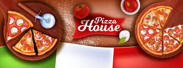 istock Pizza house banner with Italian flag, realistic slices, tomato, ketchup, mozzarella, cutter, cutting board. 1253087078
