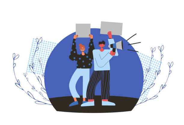 People taking part protest, parade or rally. Protest pair. People holding placards. Persons standing together with blank banner and megaphone. Two characters with banners taking part in parade, picket, protests. Social activism. Vector illustration. climate protest stock illustrations