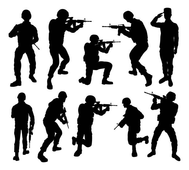 Soldier High Quality Silhouettes Detailed silhouettes of military armed forces army soldiers in various poses soldier stock illustrations
