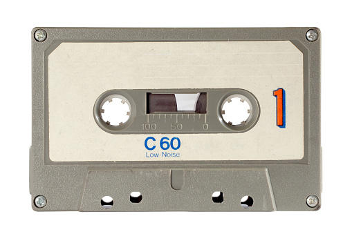 Close up of a music vintage audio tape on white background