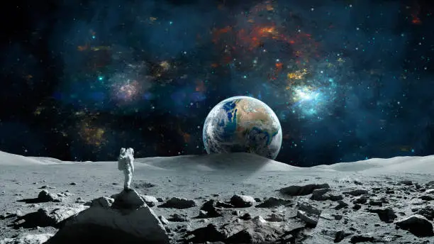 Space background. Astronaut standing on moon surface with earth planet and colorful nebula. https://www.nasa.gov/sites/default/files/images/618486main_earth_full.jpg https://www.nasa.gov/feature/flag-day-flying-high-the-stars-and-stripes-in-space 
https://www.hq.nasa.gov/alsj/a17/a17.1464906_gpan.jpg