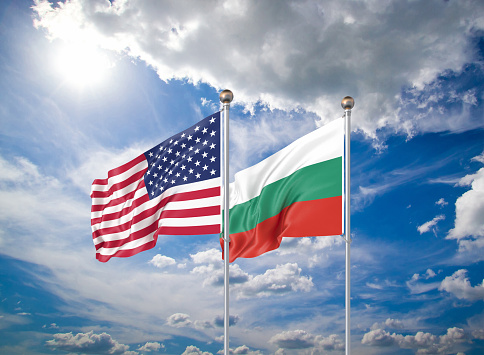 Realistic 3D Illustration. USA and Bulgaria. Waving flags of America and Bulgaria.