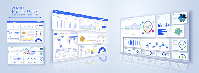 Binary option. All situation on market: Put Call, Win Lost deal. Futuristic user interface. Infographic elements. Admin dashboard. 3D UI/UX for business app. Screen monitor set web elements