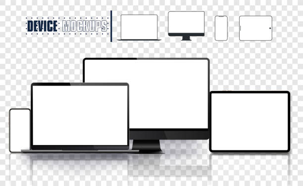 gerçekçi aygıt seti: pc, monitör dizüstü bilgisayar, tablet ve telefon şablonu. elektronik ve aygıtlarla ilgili satır simgesi kümesi. vektör çizimi - laptop stock illustrations